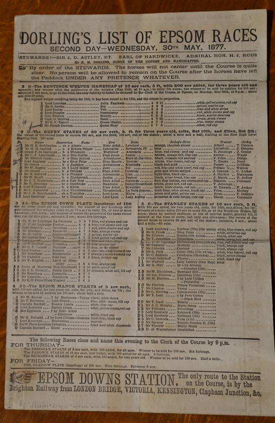DORLINGS LIST OF EPSOM RACES for 30th May 1877. Race card with adverts on the back.